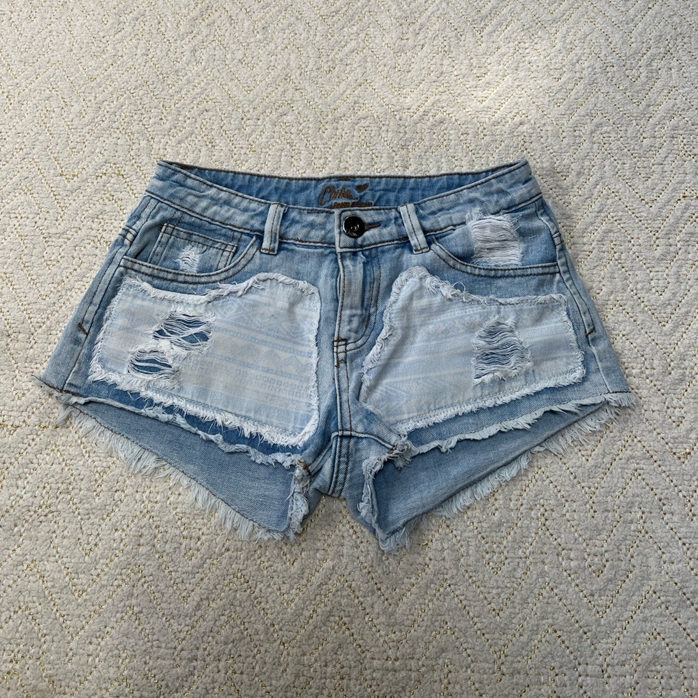Boho Print Distressed Denim Jean Shorts
